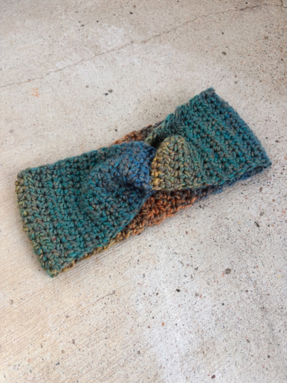 Handmade Crocheted Headband/Earwarmer with a Twist in Teal, Orange, and Gold